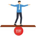 Cartoon einer Person, die auf einem Holzbrett balanciert, mit den Worten ‘WORK & LIFE’ auf dem Balancierelement darunter. Diese Illustration symbolisiert das Konzept der Work-Life-Balance, das für die Verbesserung des Wohlbefindens wichtig ist.